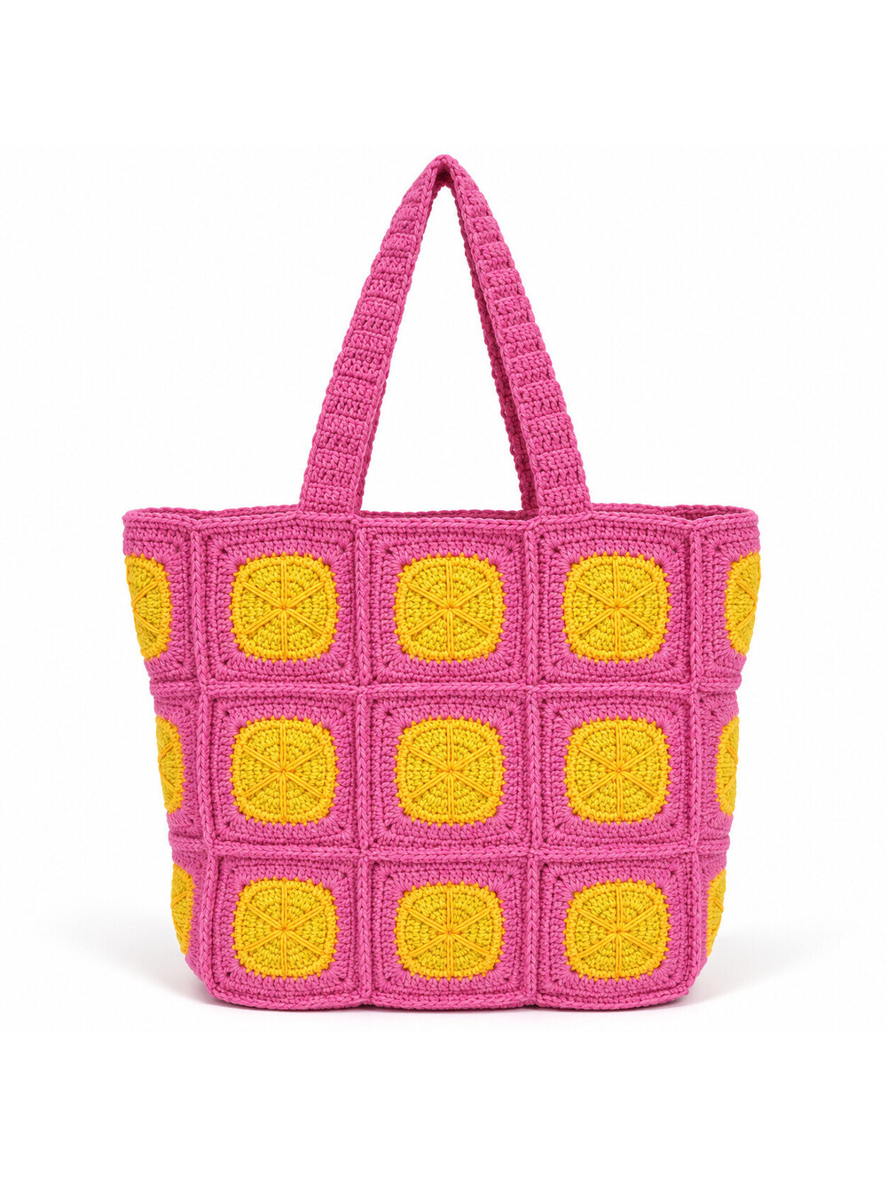 America & Beyond Embellished & Crocheted Zip Top Tote Pink Lemon Double Strap